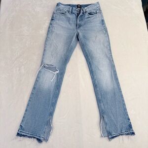 BDG Light Blue Boot Cut Jeans Relaxed Distressed Knee Mid-rise Split Hem Sz 26